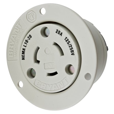 HUBBELL WIRING DEVICE-KELLEMS Locking Devices, Twist-Lock®, Industrial, Flanged Receptacle, 20A 125/250V, 3-Pole 3-Wire Non-Grounding, L10-20R, Screw Terminal, White HBL2366